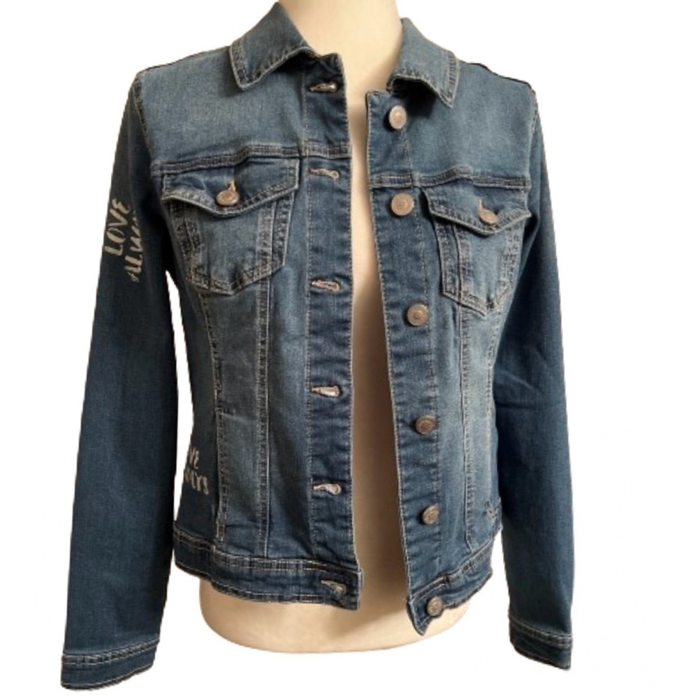 Lana Collection by Yossi denim jean jacket all you need is love small EUC - Picture 4 of 9
